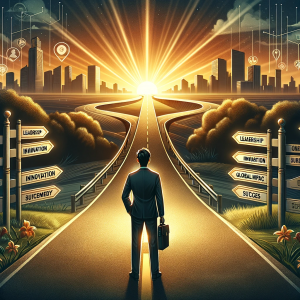 An MBA applicant in business attire standing at the start of a winding road leading to a bright horizon, with signposts labeled 'Leadership', 'Innovation', 'Global Impact', and 'Success' along the path, symbolizing the journey towards future achievements in business education and career.