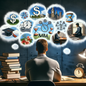 An MBA applicant sits at a desk in deep thought, surrounded by thought bubbles containing symbols of financial gain (dollar signs), a better life (idyllic scene), time commitment (clocks and hourglasses), and academic effort (books and a studying figure). The setting is a studious room with books and a laptop