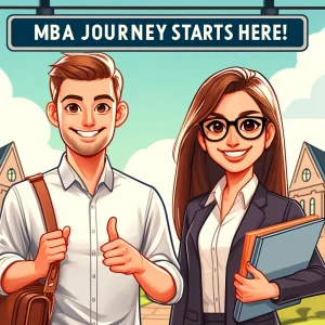 Cartoon illustration of two enthusiastic MBA applicants embarking on their journey, with a white male holding a laptop and giving a thumbs-up, and a South Asian woman holding a folder full of documents, both standing in front of a 'MBA Journey Starts Here!' sign with a university campus in the background.