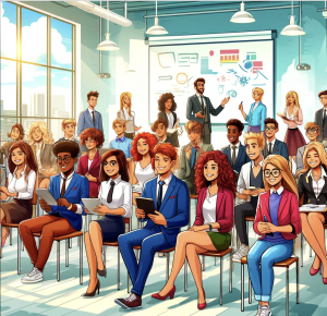 Cartoon depiction of a diverse and lively business school classroom, illustrating a mix of students from various ethnicities and backgrounds engaging in an educational session. The scene is set in a bright and modern classroom filled with sunlight, with students dressed in semi-formal business attire, some holding digital devices while others take notes. A sense of collaboration and enthusiasm is captured as groups of students discuss ideas, and an animated instructor demonstrates a concept on a digital whiteboard at the front.