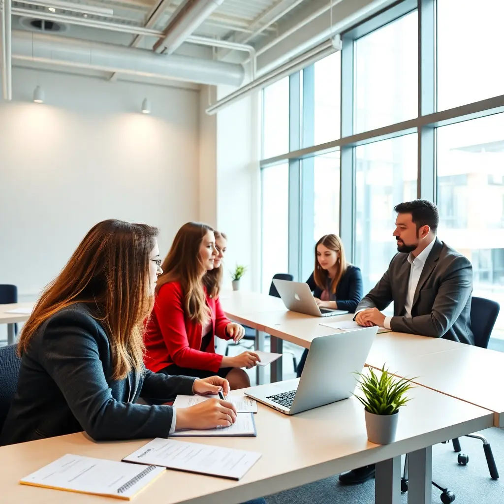 professional business students in modern classroom learning consulting frameworks, bright modern office setting, professional photography