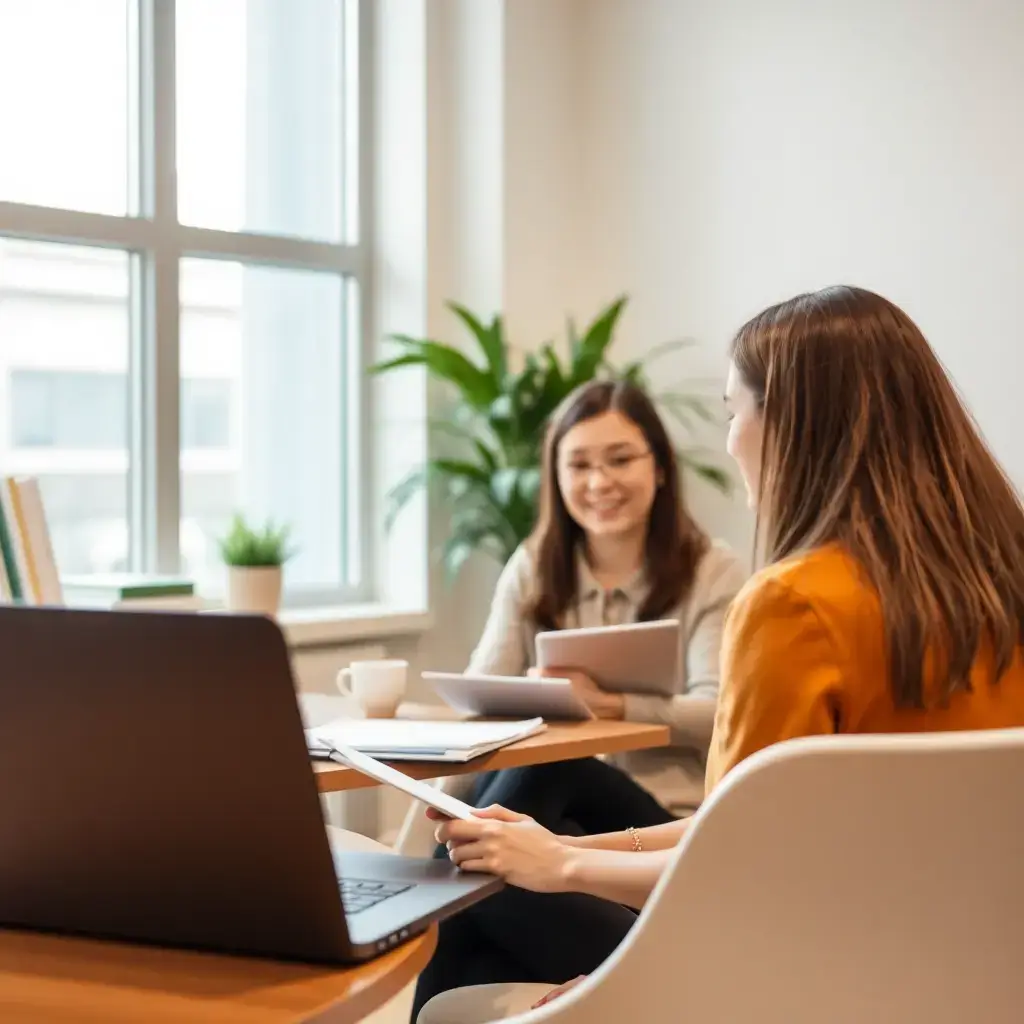 professional GMAT tutor mentoring student in modern bright office, collaborative learning environment, clean educational setting