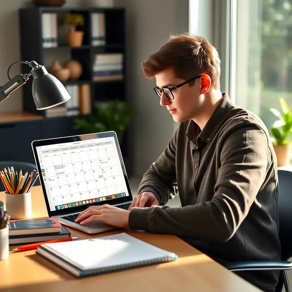 professional student studying with personalized weekly calendar and progress charts on laptop, modern study desk, organized planning materials, bright natural lighting