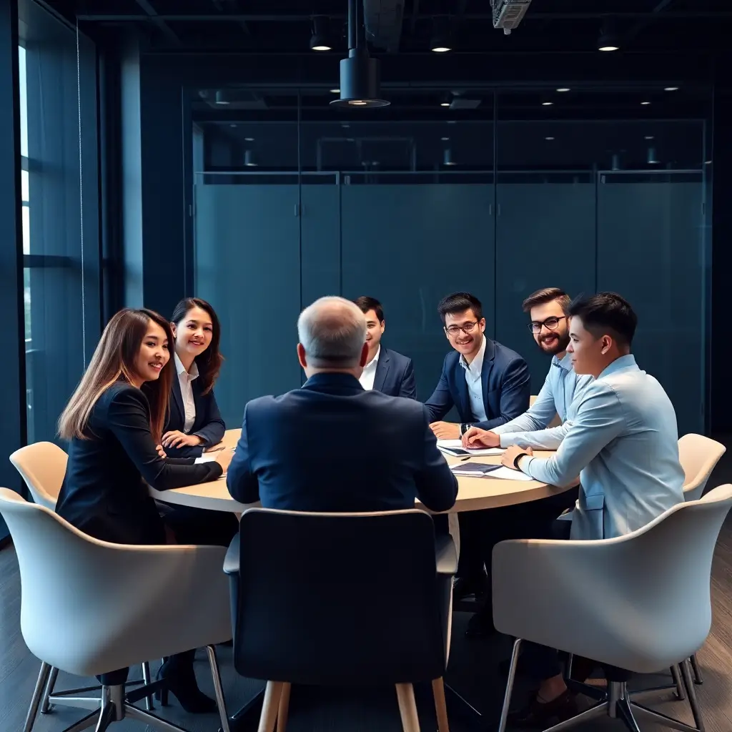 Professional MBA admissions consultant team meeting around a table, modern office, diverse group, high quality photography, navy blue tones