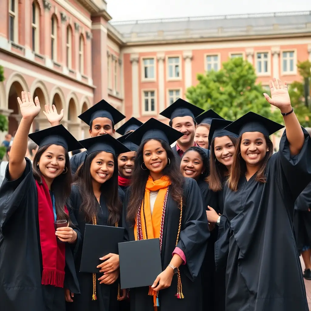 diverse group of students celebrating graduation at prestigious university campus