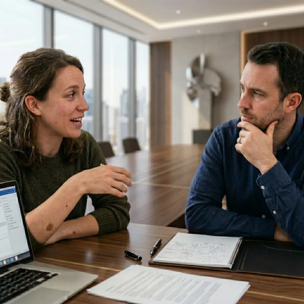 Professional MBA consultant working with client in modern office, Harvard graduate, one-on-one consultation session, warm lighting, professional photography
