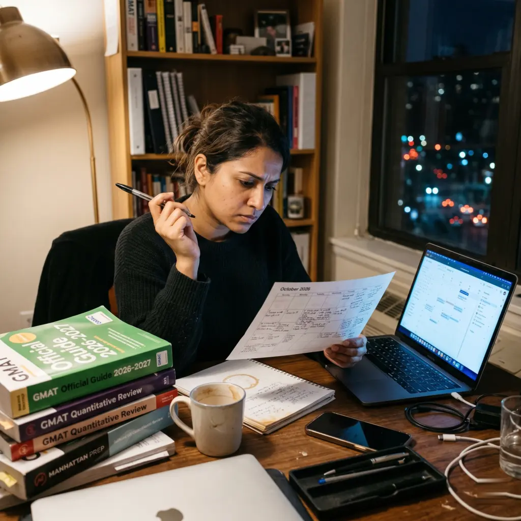 Student reviewing weekly GMAT study plan and progress charts on a laptop