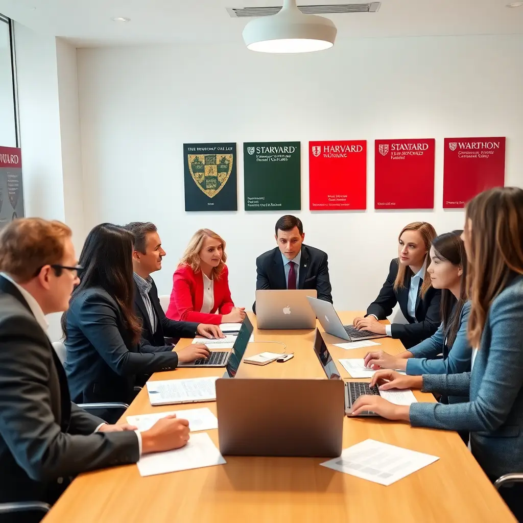 diverse professional MBA admissions consulting team collaborating around modern conference table with laptops and documents, Harvard Stanford Wharton logos visible on wall, bright modern office interior, professional business photography style