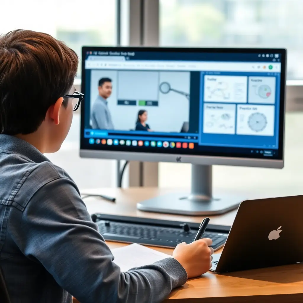 student watching educational video lessons on computer screen, taking notes, concept diagrams and practice files visible, focused learning environment, modern educational setting