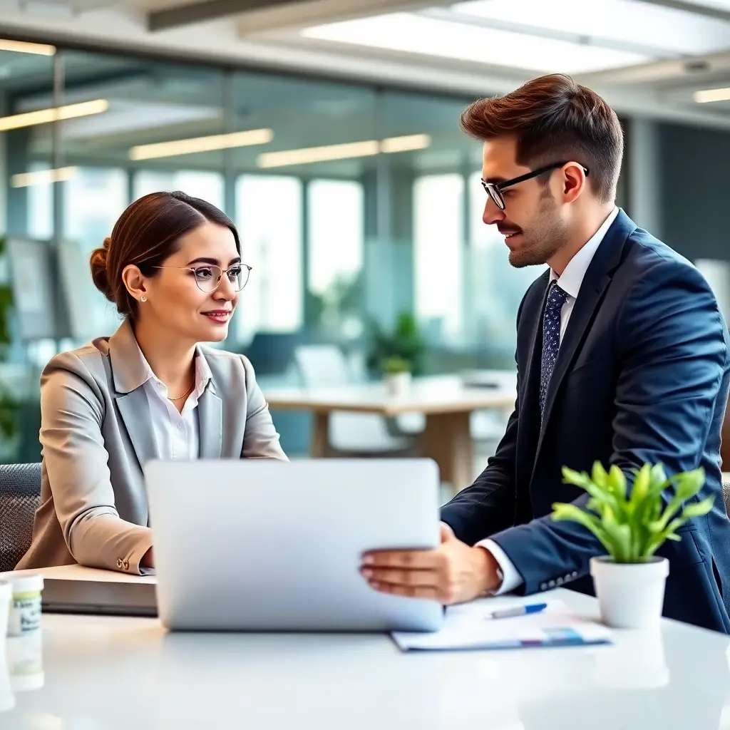 Professional MBA admissions consultant meeting with aspiring business school student in modern bright office, diverse professionals collaborating at desk with laptop and documents, warm natural lighting, high-quality corporate photography style