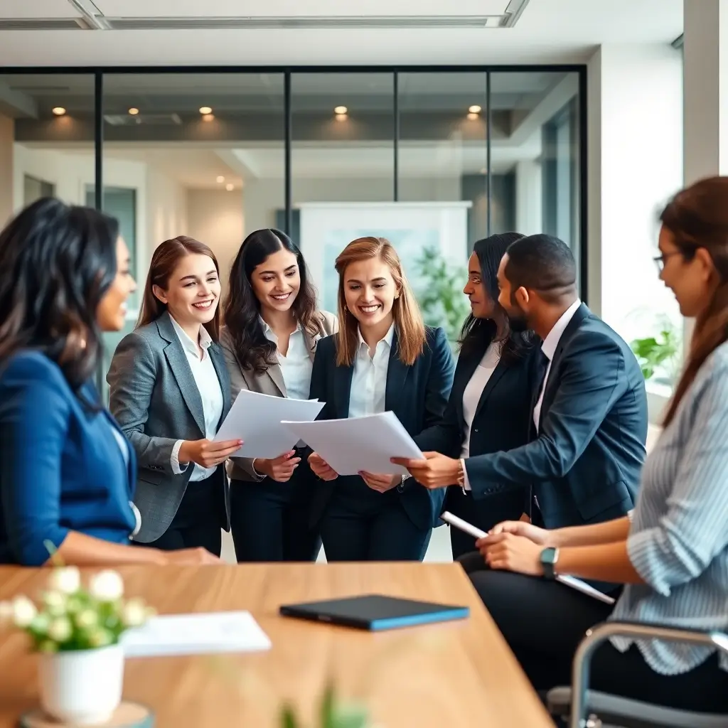Professional MBA admissions consulting team meeting in modern office, diverse consultants reviewing application materials with clients, bright and welcoming atmosphere, corporate photography style