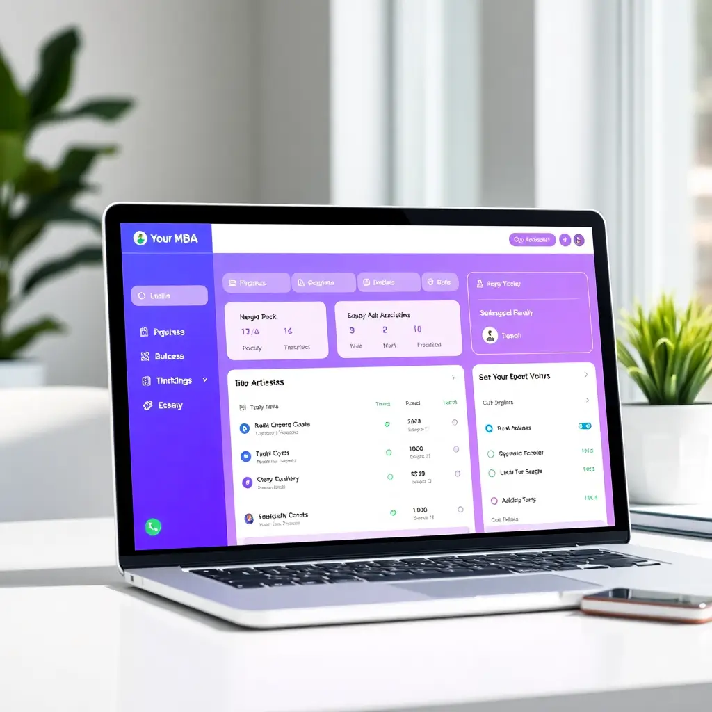 modern MBA application dashboard interface on laptop screen, clean purple and blue gradient UI design, progress tracking modules, checklist items, essay sections, professional workspace, bright natural lighting, high quality product photography