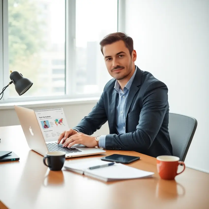 focused MBA applicant working independently at modern desk with laptop showing application dashboard, notebook and coffee cup nearby, natural window lighting, professional photography style, clean organized workspace, determined expression