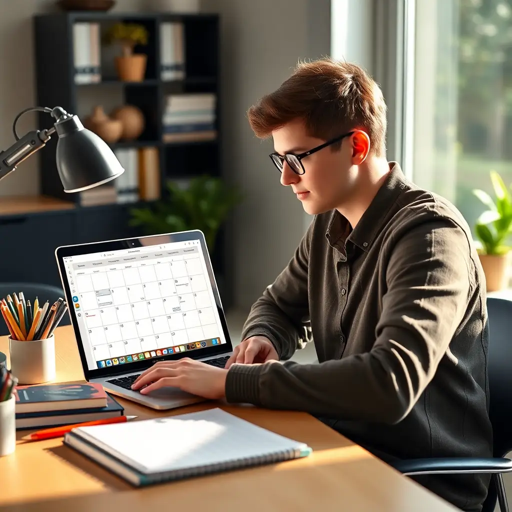 professional student studying with personalized weekly calendar and progress charts on laptop, modern study desk, organized planning materials, bright natural lighting
