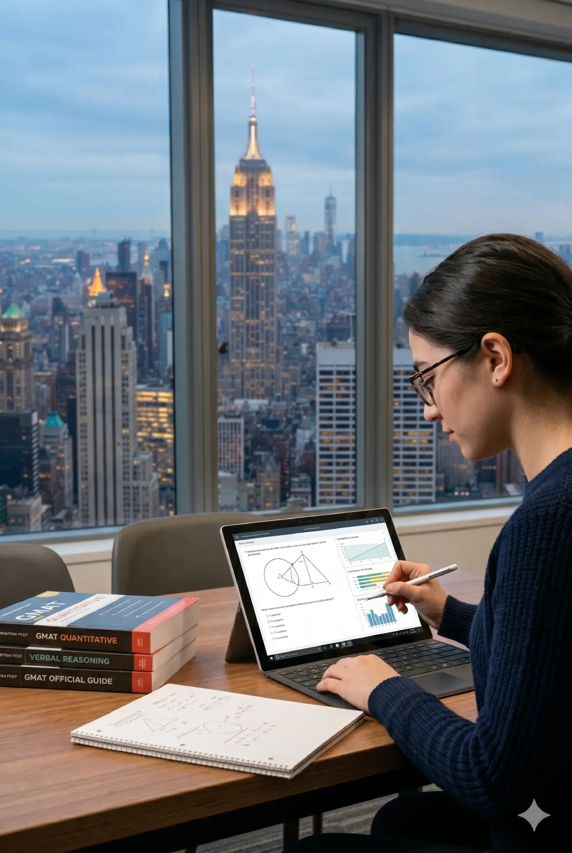 professional GMAT tutor mentoring student in modern bright office, collaborative learning environment, clean educational setting