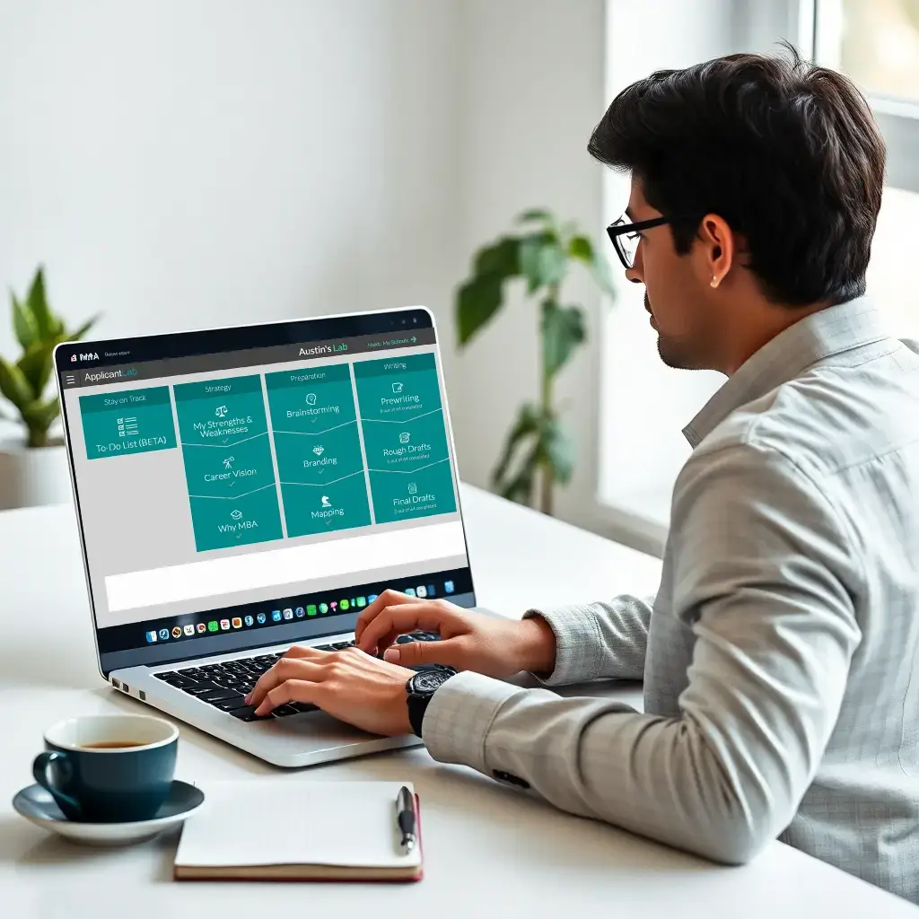professional MBA applicant working on laptop with modern dashboard interface showing application modules and progress tracking, clean workspace with coffee, notebook, bright natural lighting, professional photography style