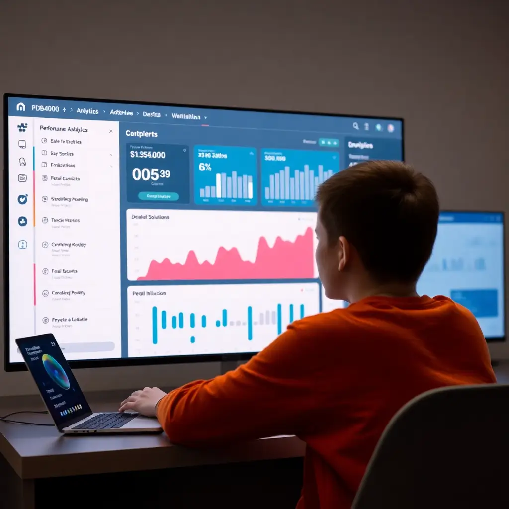 AI-powered learning dashboard showing performance analytics, improvement modules, quiz interface with detailed solutions, modern tech interface, data visualization, student improving scores