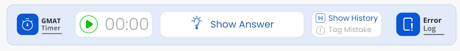 The GMAT Club timer bar in its resting state, with a green play button at 00:00, Show Answer, a greyed out Tag Mistake, and an Error Log button