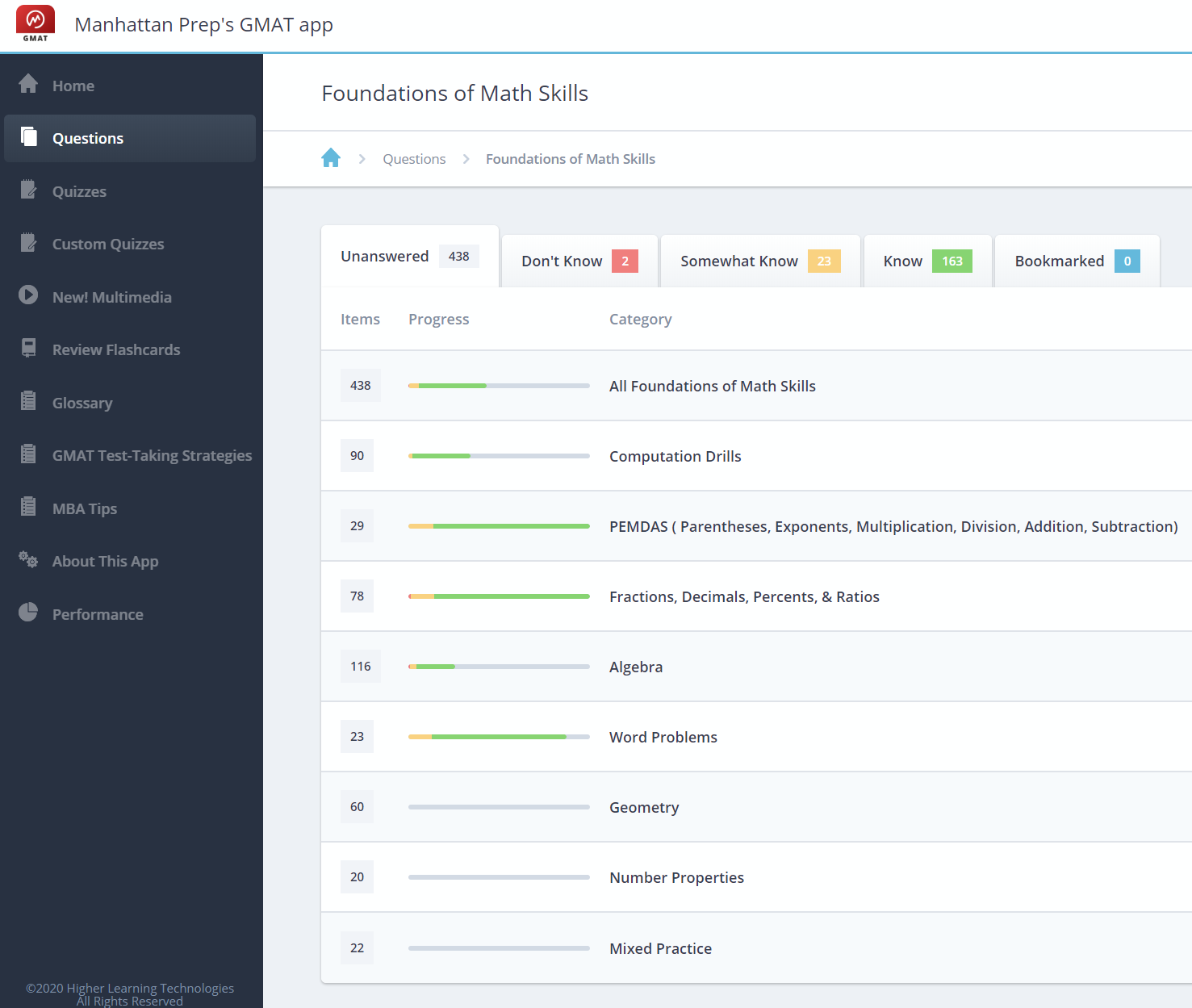 MGMAT web app -- screenshot of 626 foundations problems and confidence tracking.png